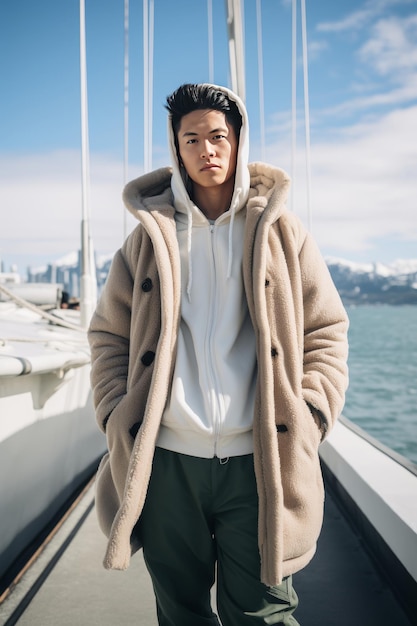 Hombre de pie en un barco con un abrigo