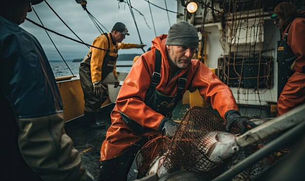 Foto un hombre de pie en un barco con un montón de peces