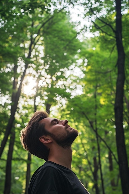 un hombre de pie en un bosque mirando hacia el cielo