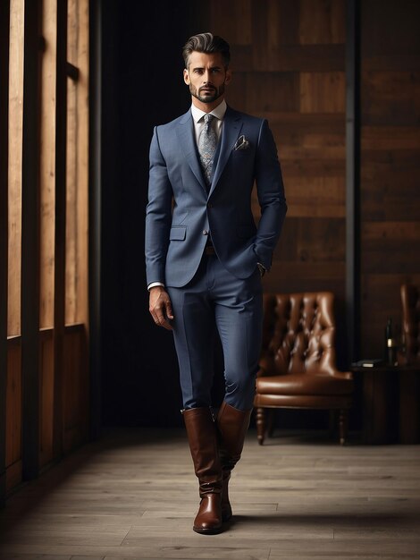 Foto un hombre está de pie con botas, zapatos y traje.