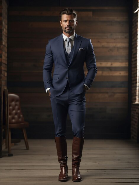 Foto un hombre está de pie con botas, zapatos y traje.