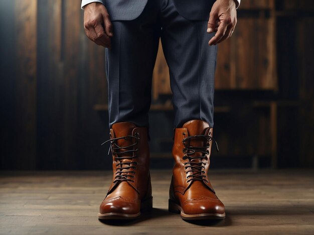 Foto un hombre está de pie con botas, zapatos y traje.