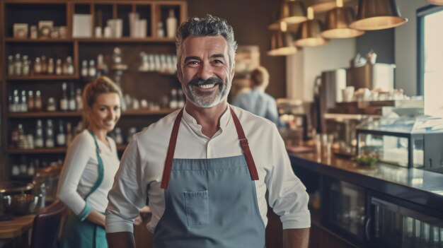 Un hombre de pie en una cafetería con una mujer con un delantal.