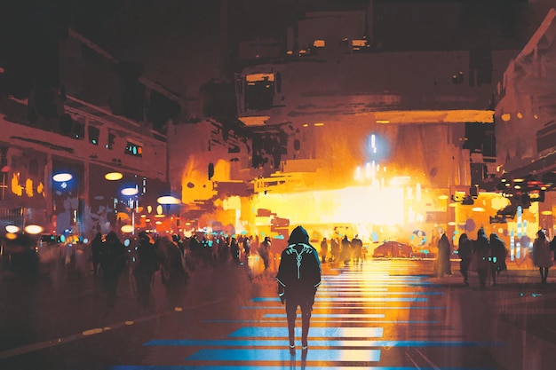 Hombre de pie en la calle mirando una ciudad futurista por la noche, concepto de ciencia ficción, pintura de ilustración