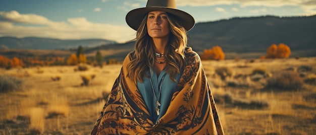 Foto hombre de pie en un campo con un poncho y un fedora marrón