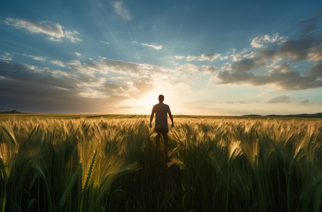 Hombre de pie en el campo de trigo al atardecer