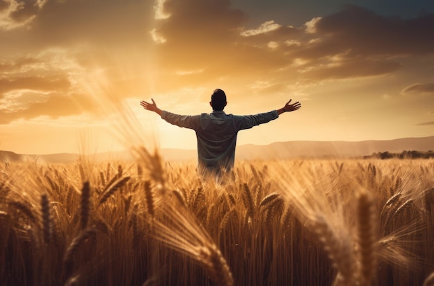 Hombre de pie en el campo de trigo al atardecer