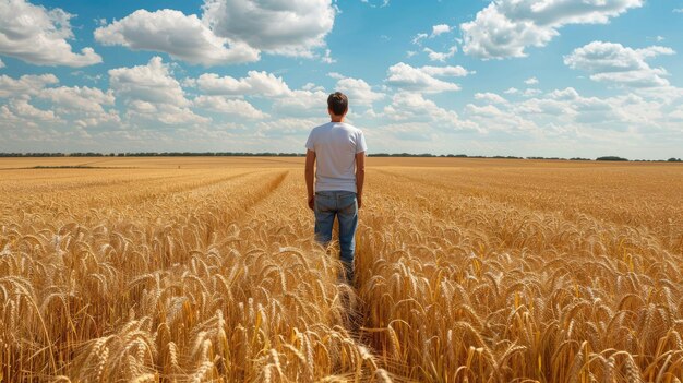 Hombre de pie en un campo de trigo sosteniendo una planta Una escena de agricultura y jardinería