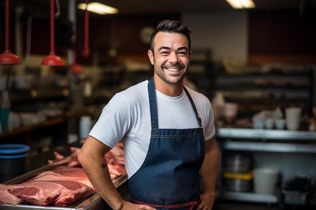Foto un hombre de pie en una carnicería con una gran sonrisa en su cara