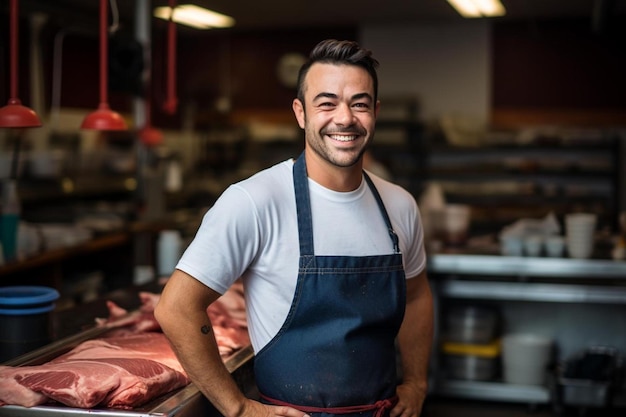 un hombre de pie en una carnicería con una gran sonrisa en su cara