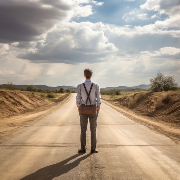 Hombre de pie en la carretera mirando hacia lejos con la bolsa en la espalda eligiendo el camino de la vida camino recto