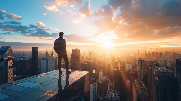 Foto hombre de pie en la cima de un edificio alto