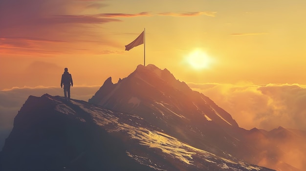 Hombre de pie en la cima de la montaña al amanecer con una bandera