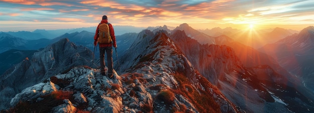 Hombre de pie en la cima de una montaña al atardecer