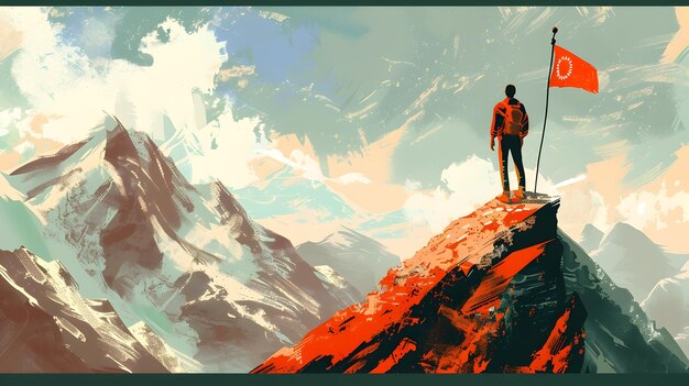 Foto hombre de pie en la cima de la montaña con bandera roja