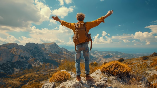 Hombre de pie en la cima de la montaña con los brazos extendidos