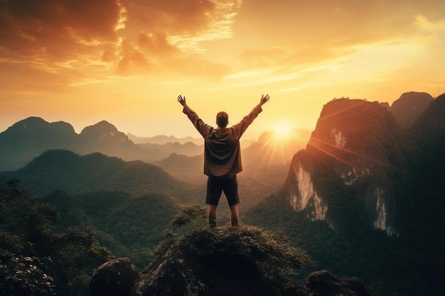 Foto hombre de pie en la cima de una montaña con los brazos levantados en el aire por encima de su cabeza