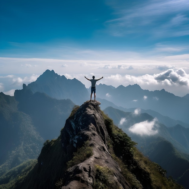 Un hombre de pie en la cima de una montaña con los brazos levantados en el aire.
