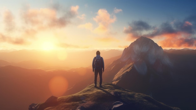 Un hombre de pie en la cima de una montaña como el sol establece metas y logros concepto foto compuesto