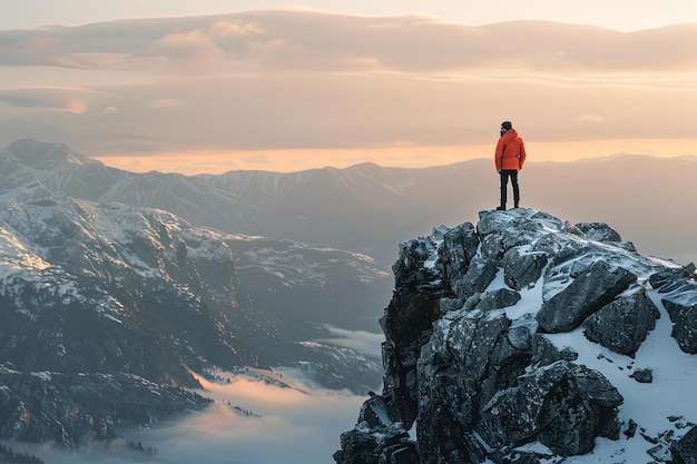 Foto un hombre de pie en la cima de una montaña cubierta de nieve