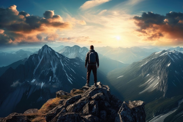 Hombre de pie en la cima de la montaña y mirando a la distancia Un hombre solitario disfruta de la vista de las montañas de verano mientras está de pie en un pico de la montaña Generado por IA