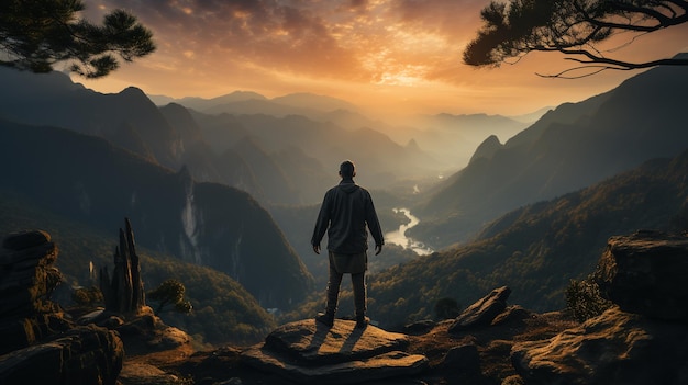 Hombre de pie en la cima de una montaña y mirando el valle generativo ai