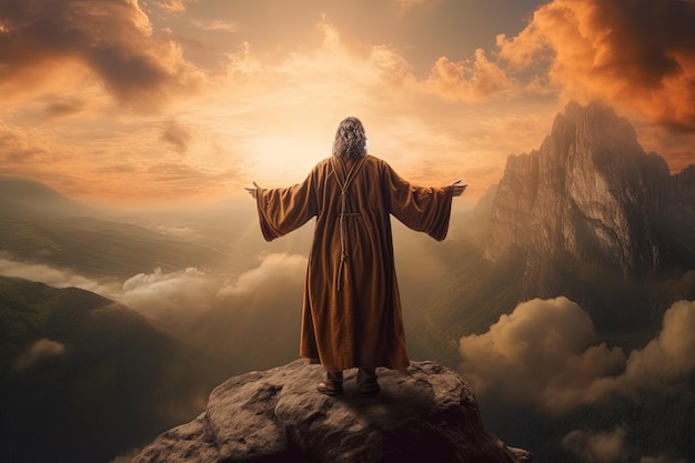 Hombre de pie en la cima de la montaña y mirando el valleEl hombre agradece a Dios en la montaña