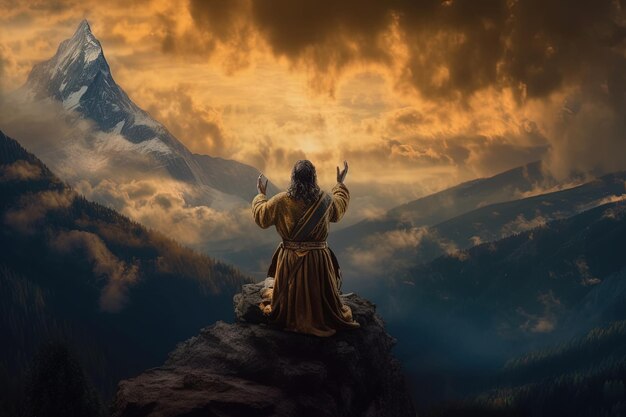 Hombre de pie en la cima de la montaña y mirando el valleEl hombre agradece a Dios en la montaña
