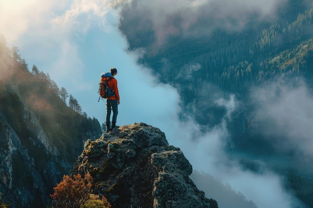 Un hombre de pie en la cima de una montaña con una mochila