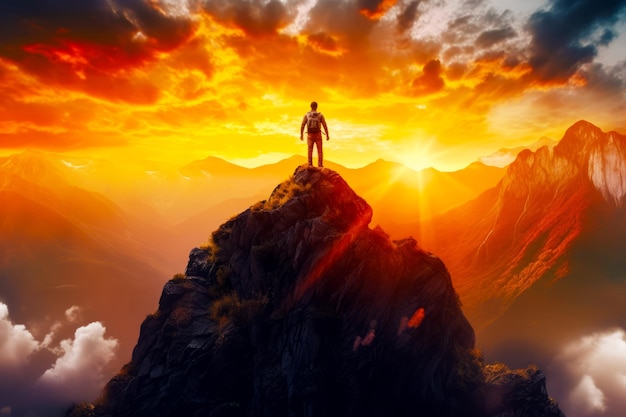 Hombre de pie en la cima de la montaña con la puesta de sol en el fondo IA generativa