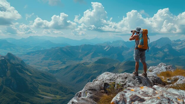 Hombre de pie en la cima de la montaña tomando una foto