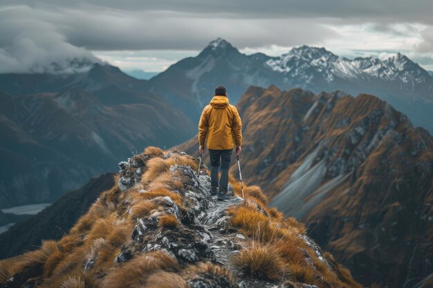 Un hombre de pie en la cima de una montaña