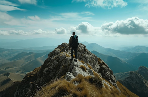 Hombre de pie en la cima de la montaña