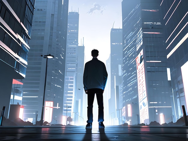 Foto el hombre está de pie en una ciudad oscura con un borrón de edificios en el fondo