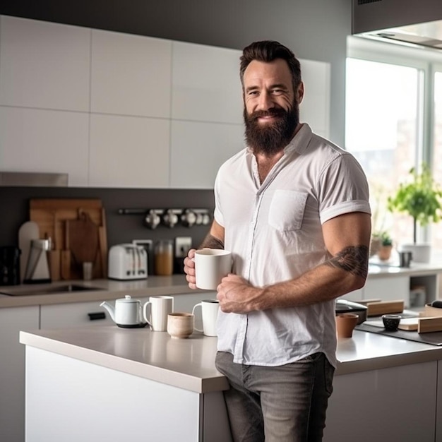 Foto un hombre de pie en una cocina sosteniendo una taza de café