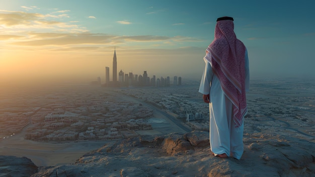 Foto un hombre está de pie en una colina con vistas a una ciudad