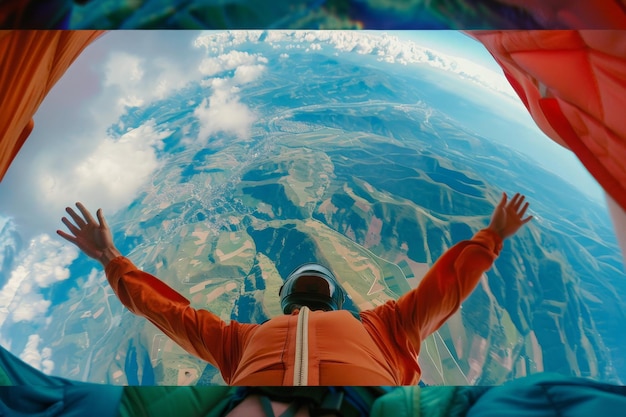 Un hombre de pie con confianza en la parte superior de un paracaídas de colores listo para tomar el vuelo en el cielo abierto