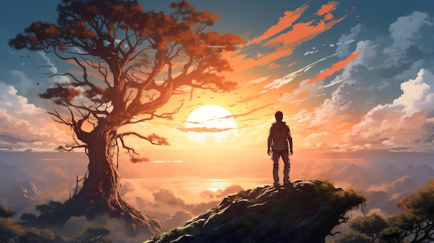 Hombre de pie contra la rama mirando la puesta de sol