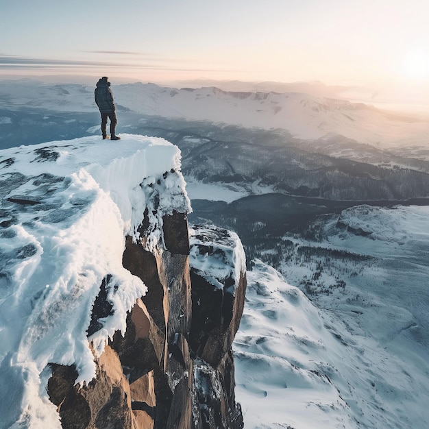 Foto un hombre está de pie en una cornisa con vistas a una montaña con nieve en la parte superior