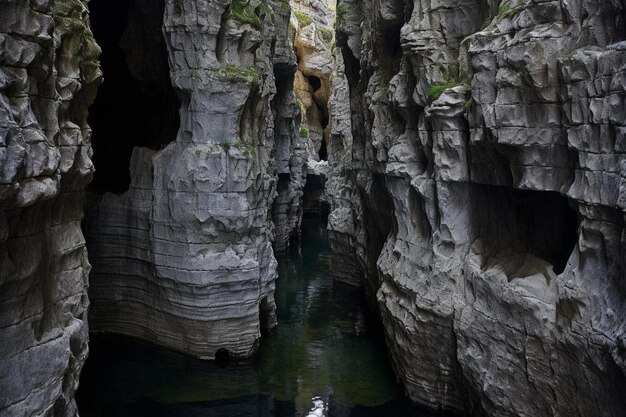 Foto un hombre de pie en una cueva con un reflejo en el agua