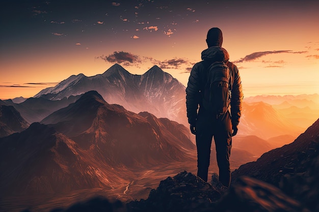 Hombre de pie de espaldas a la cámara frente al amanecer en la cima de una montaña