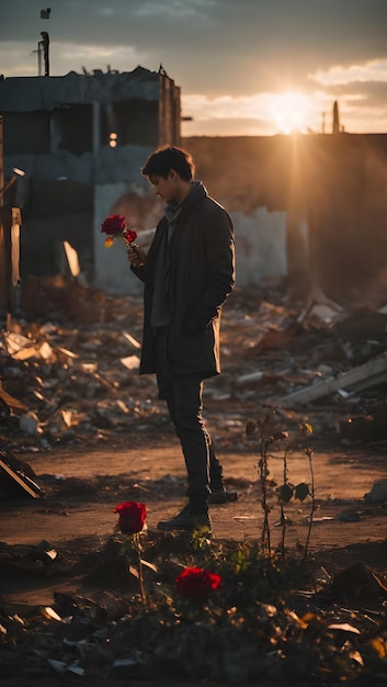 un hombre de pie con una flor roja