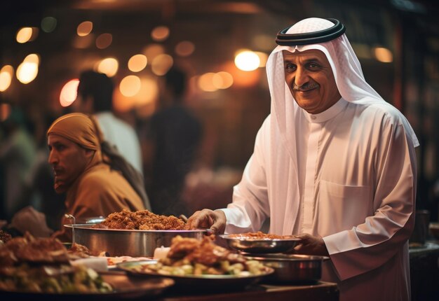 Hombre de pie frente al buffet de comida