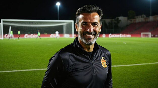 Foto hombre de pie frente al campo de fútbol