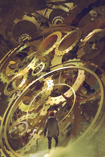 hombre de pie frente al gran reloj dorado, estilo de arte digital, pintura de ilustración