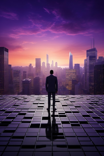 Hombre de pie frente al horizonte de la ciudad urbana al anochecer