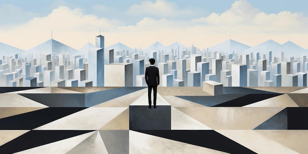 Hombre de pie frente al paisaje urbano con rascacielos