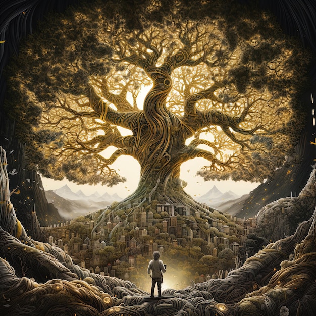 Foto un hombre está de pie frente a un árbol con las palabras árbol en él