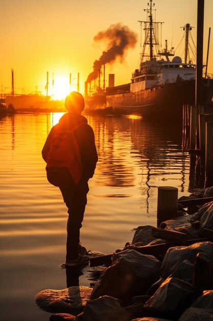 Foto un hombre está de pie frente a un barco que tiene el sol poniéndose detrás de él