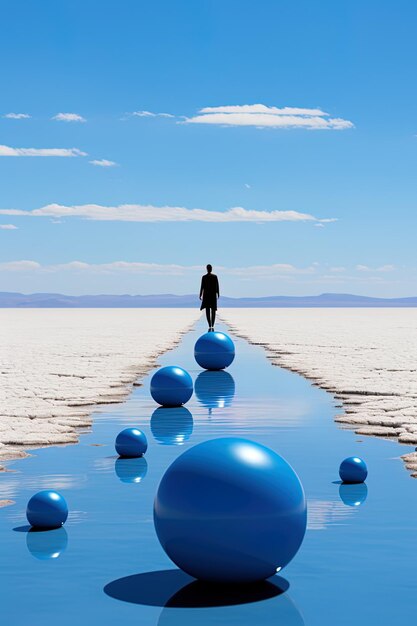 Foto un hombre de pie frente a las bolas azules en el desierto